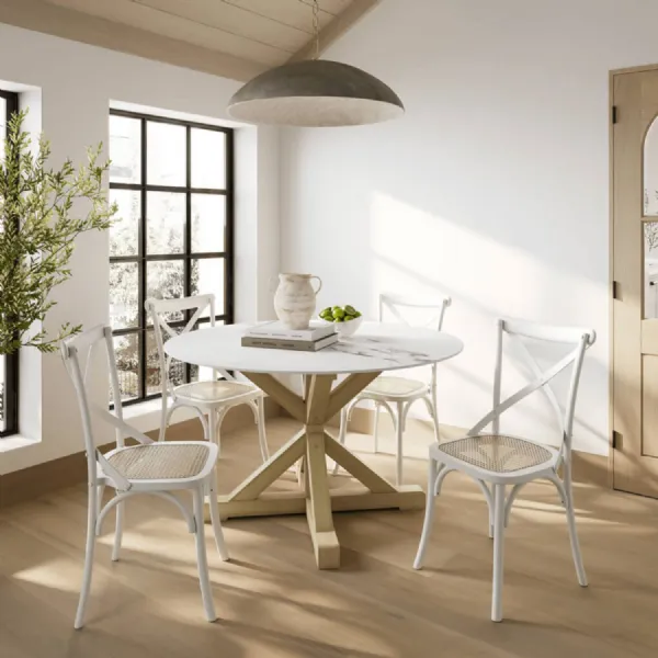 Round Marble Effect Stone Top Dining Table with Latte Legs