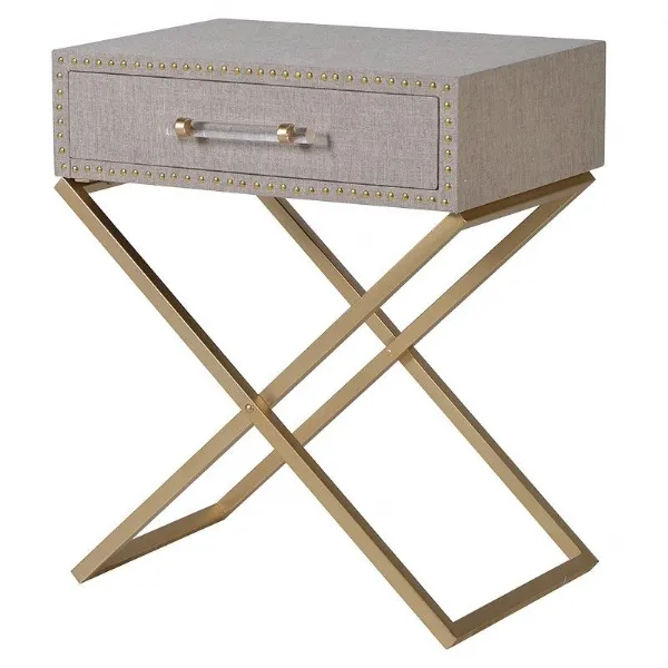 Gold Cross Leg Studded Cream Linen Fabric Bedside Lamp Table 1 Drawer