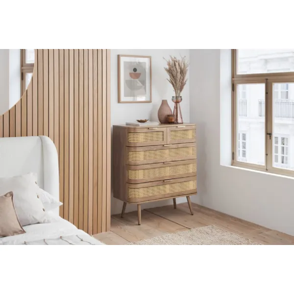 Oak Effect Wood 2 Over 3 Chest of Drawers Rattan Front