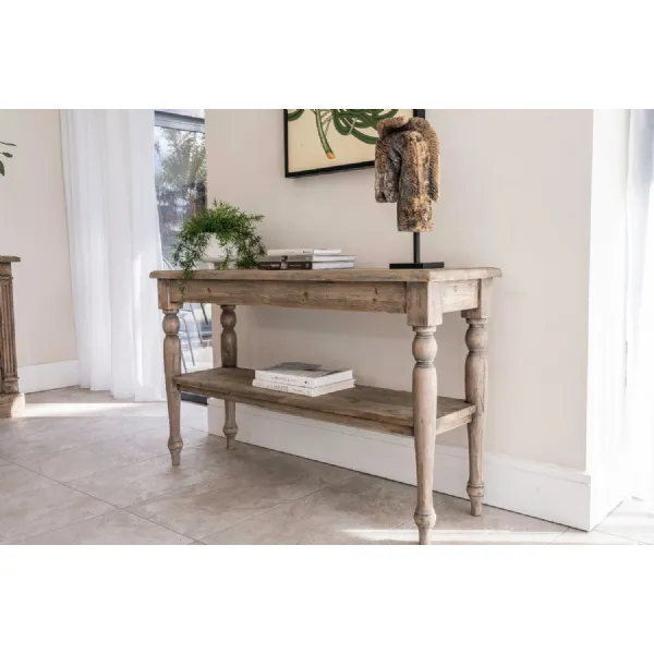 Natural Reclaimed Wood Rustic Console Table with Turned Legs and Lower Shelf