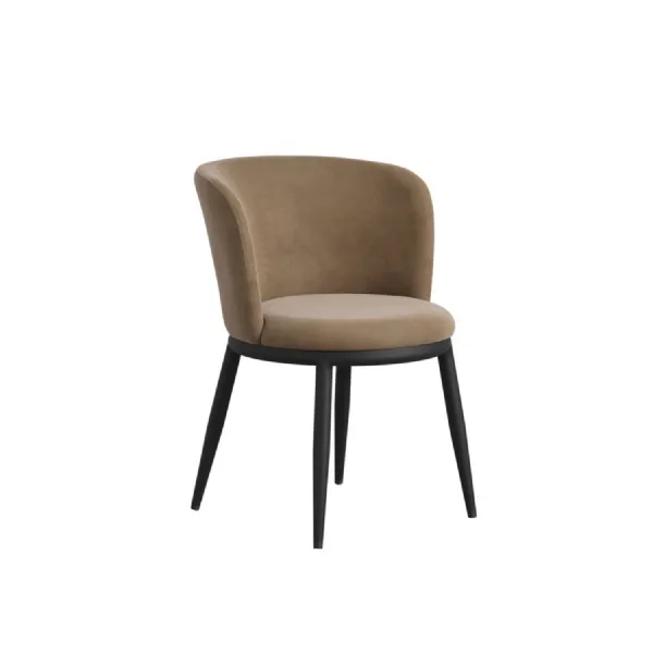 Modern Tan Boucle Upholstered Dining Chair with Black Metal Legs