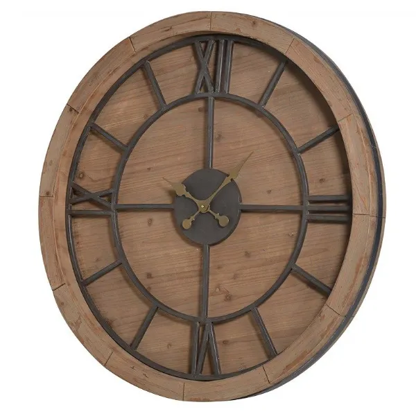 Large Vintage Style Wood and Metal Round Roman Numeral Wall Clock