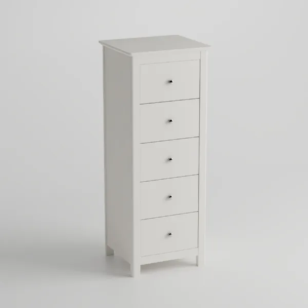 White Wood Tall Narrow Chest of 5 Drawers