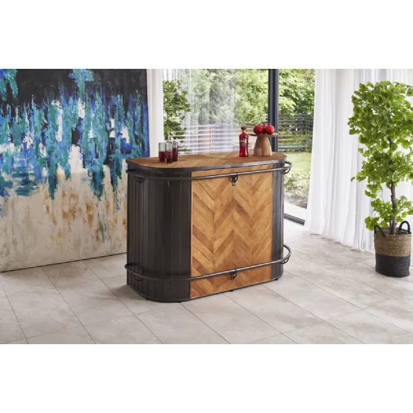 Industrial Natural Recycled Wood Home Bar Unit with Black Metal Rails