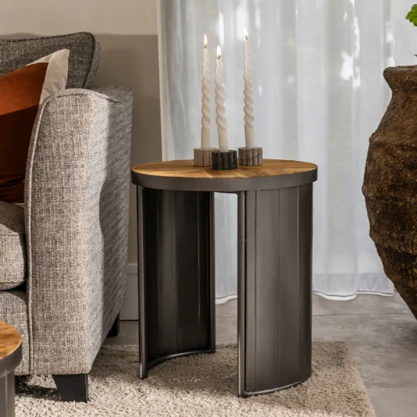 Modern Natural Recycled Wood Round Lamp Table with Black Pleated Metal Base
