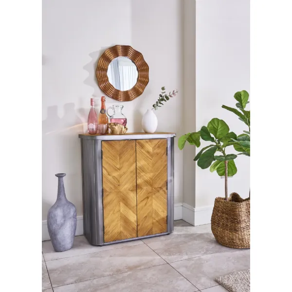 Modern Metal Framed Chevron Wood 2 Door Drinks Cabinet
