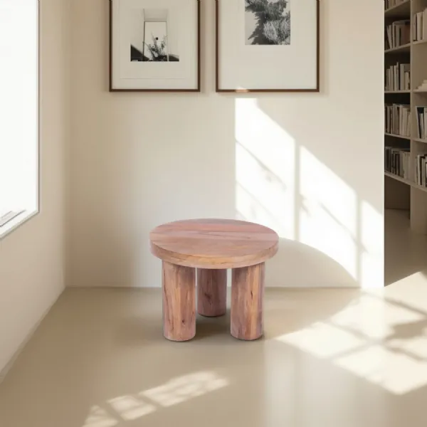 Natural Solid Mango Wood Round Coffee Table with Chunky Cylindrical Legs