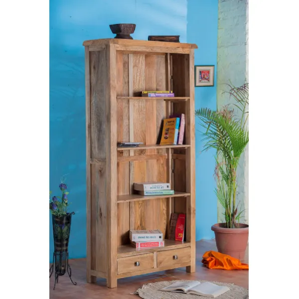 Rustic Solid Mango Wood Large Bookcase with 2 Storage Drawers