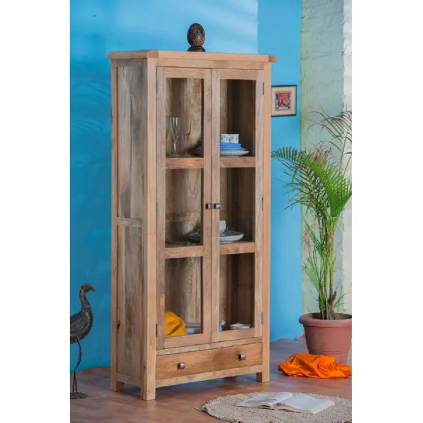 Rustic Natural Mango Wood Glazed Display Cabinet with Storage Drawer