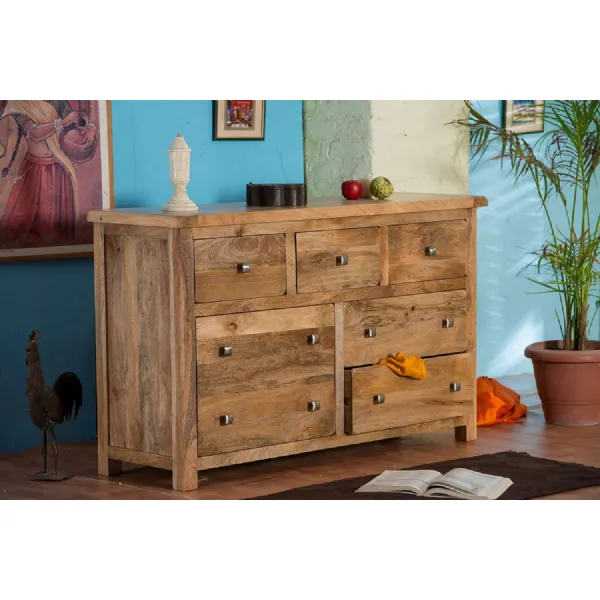 Rustic Natural Mango Wood 7 Drawer Wide Chest of Drawers