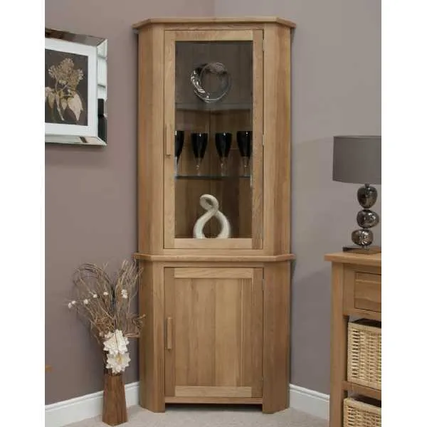 Opus Oak Corner Glass Display Unit With Light Cupboard Storage Base Glass Door