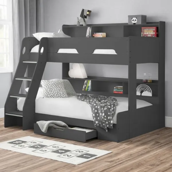 Black Triple Bunk Bed with Shelving Storage and Pull Out Drawer