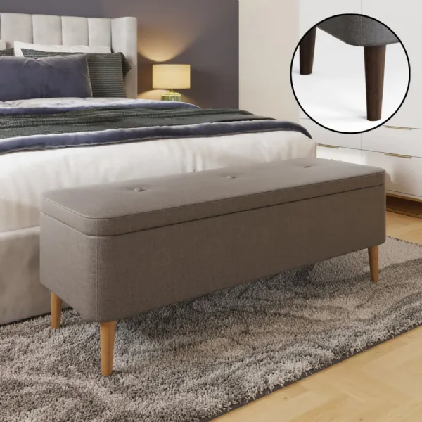 Grey Linen Ottoman Storage Bench With Solid Wooden Legs