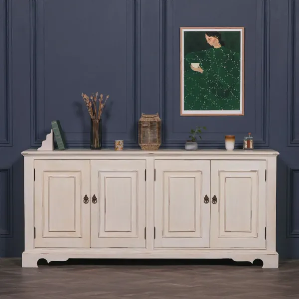 Distressed White Large 3 Door Sideboard Ornate Handles