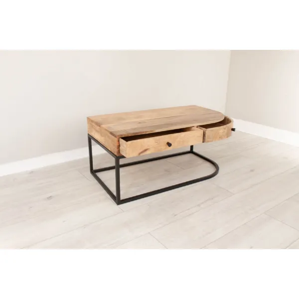 Natural Mango Wood 2 Drawer Curved Coffee Table Metal Framed