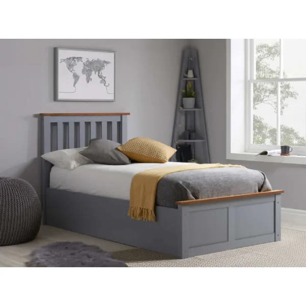 Stone Grey Wood Single Ottoman Bed Slatted Headboard