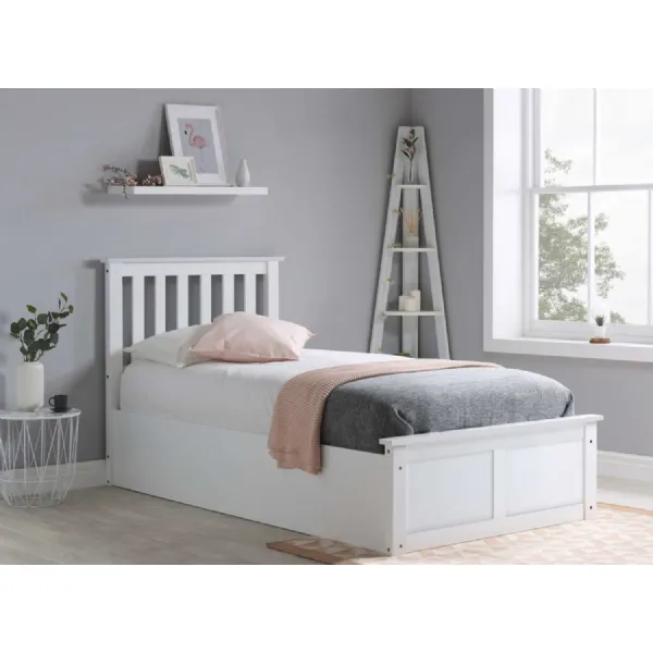 White Wood Single Ottoman Bed Slatted Headboard