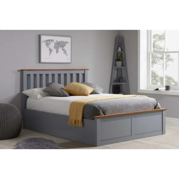 Stone Grey Wood Small Double Ottoman Bed Slatted Headboard