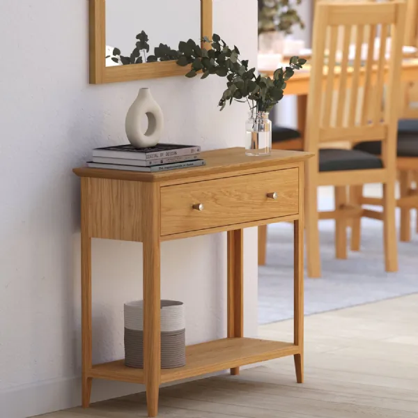 Classic Natural Solid Oak Console Table with Drawer and Lower Shelf