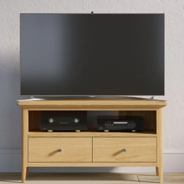 Scandi Style Solid Oak Corner 2 Drawer TV Unit with Open Shelf