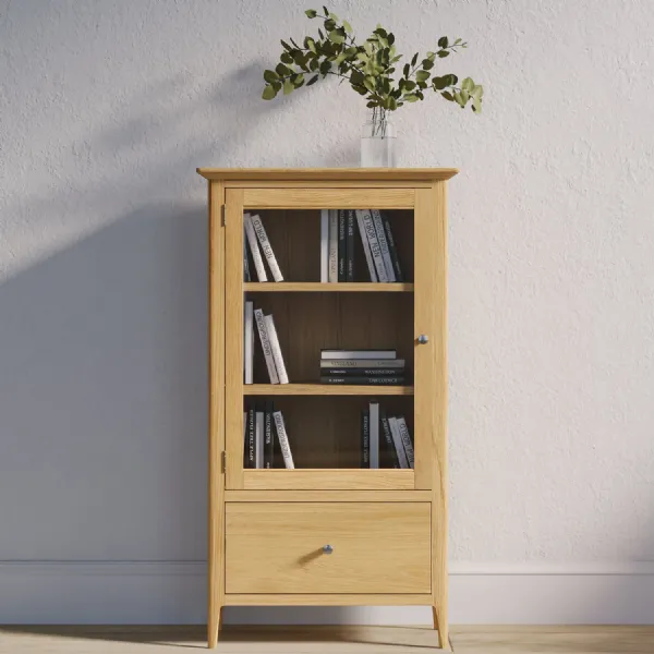 Shaker Style Natural Oak Glazed Bookcase with Drawer and Shelves
