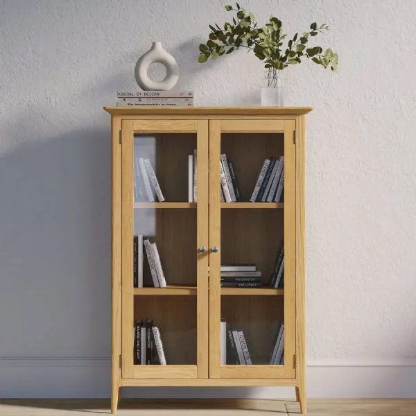 Modern Style Oak 2 Glazed Door 2 Shelf Display Storage Cabinet