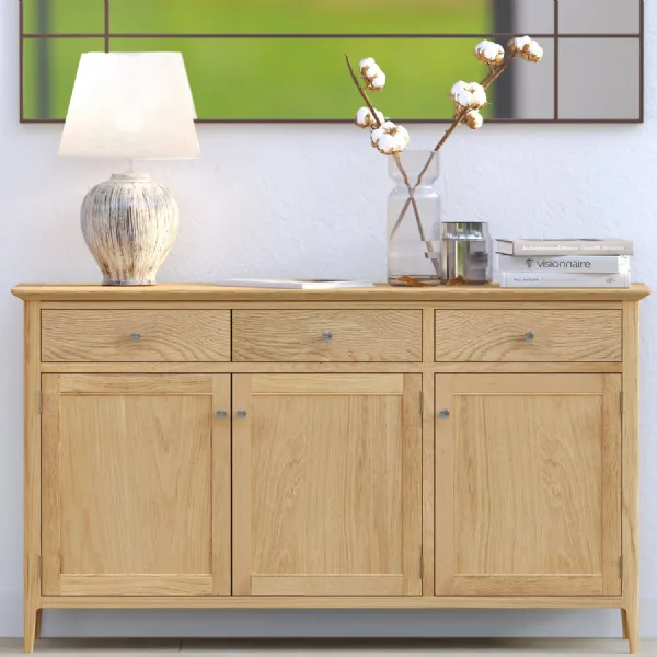 Traditional Style Natural Solid Oak Wood Large 3 Door 3 Drawer Sideboard