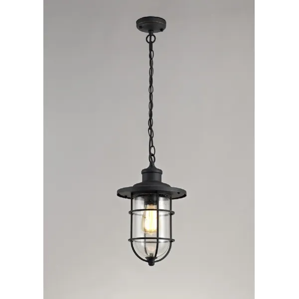 Brixton Pendant, 1 x E27, Black Gold With Seeded Clear Glass, IP54, 2yrs Warranty