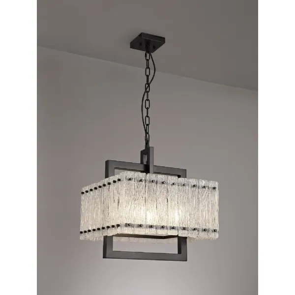 Sheppey Large Square Pendant Semi Flush, 5 Light E27, Matt Black Crystal Sand Glass