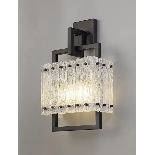 Sheppey Wall Lamp, 2 Light E27, Matt Black Crystal Sand Glass