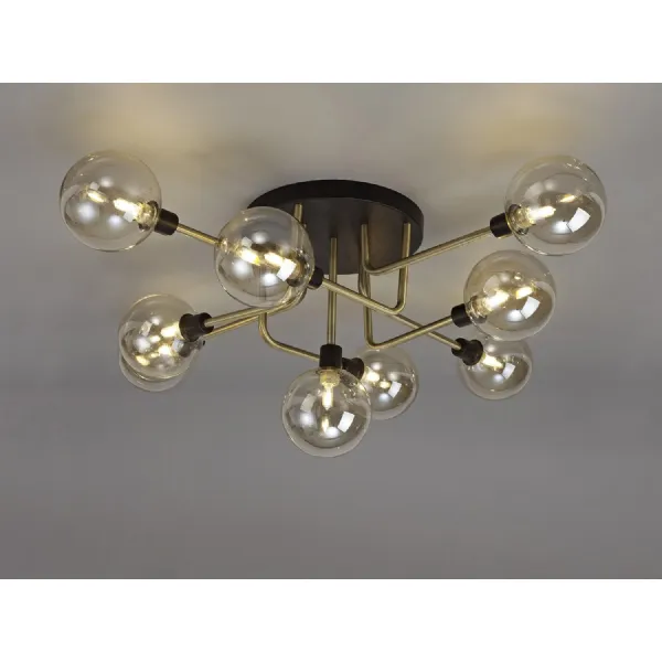 Leyton Flush Ceiling, 9 Light G9, Matt Black Antique Brass Cognac Glass