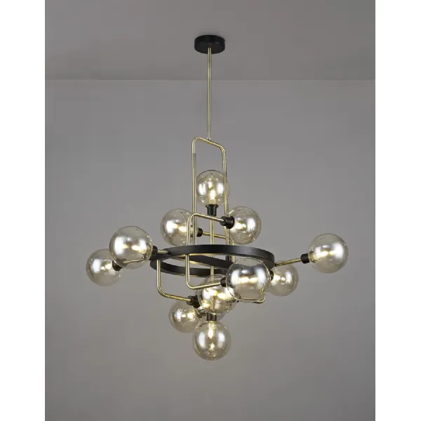 Leyton Fixed Pendant, 12 Light G9, Matt Black Antique Brass Cognac Glass