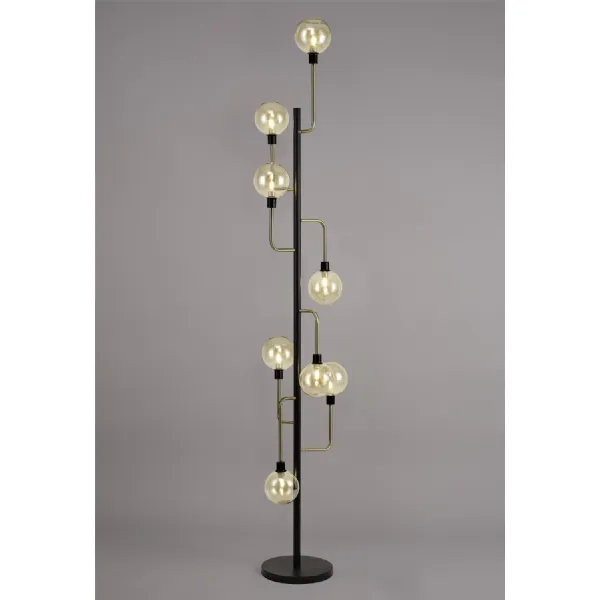 Leyton Floor Lamp, 8 Light G9, Matt Black Antique Brass Cognac Glass