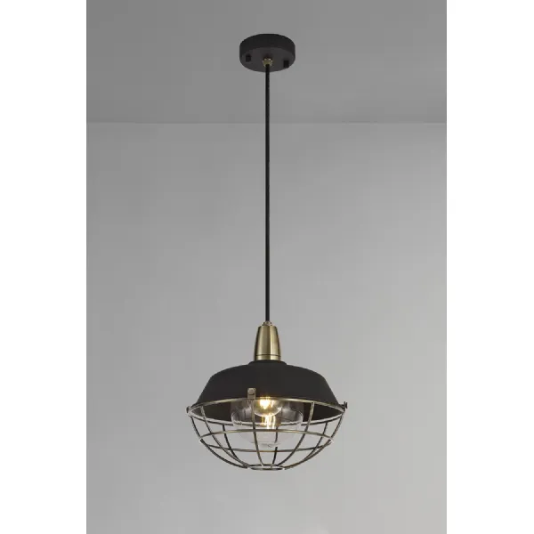 Farnham Pendant, 1 Light E27, IP65, Matt Black Antique Brass, 2yrs Warranty