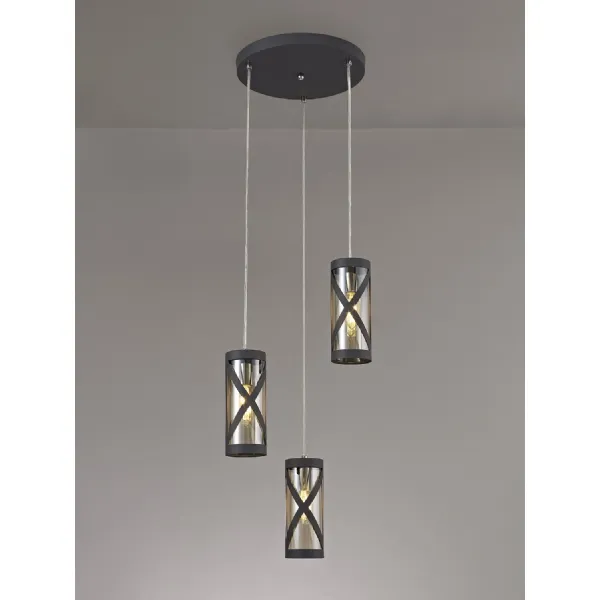 Oxted 3 Light Round Pendant E14, Matt Grey Polished Chrome Cognac