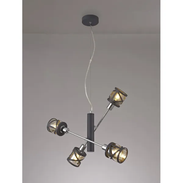Oxted 4 Light Adjustable Pendant E14, Matt Grey Polished Chrome Cognac