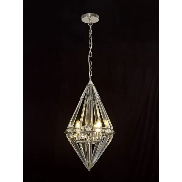 Woolwich Diamond Pendant, 3 Light E27, Polished Nickel