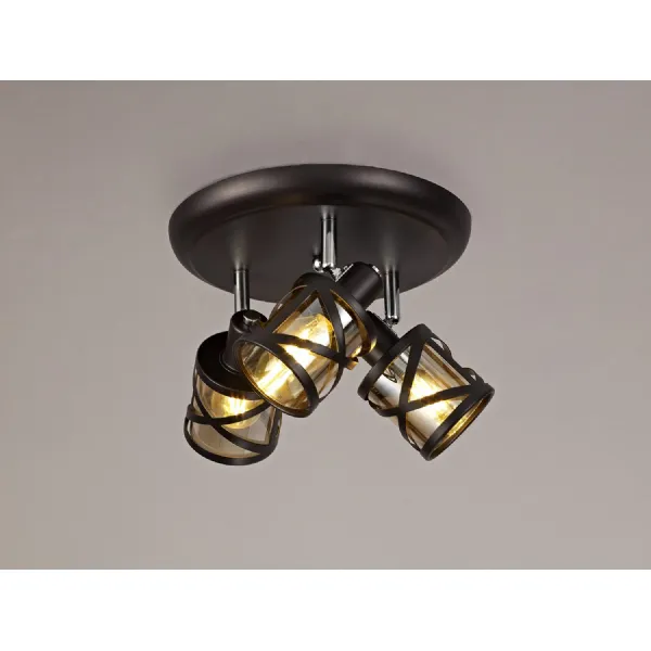 Oxted 3 Light Round Spotlight E14, Oiled Bronze Polished Chrome Amber