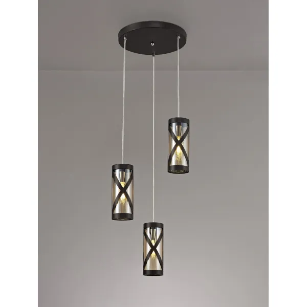 Oxted 3 Light Round Pendant E14, Oiled Bronze Polished Chrome Amber