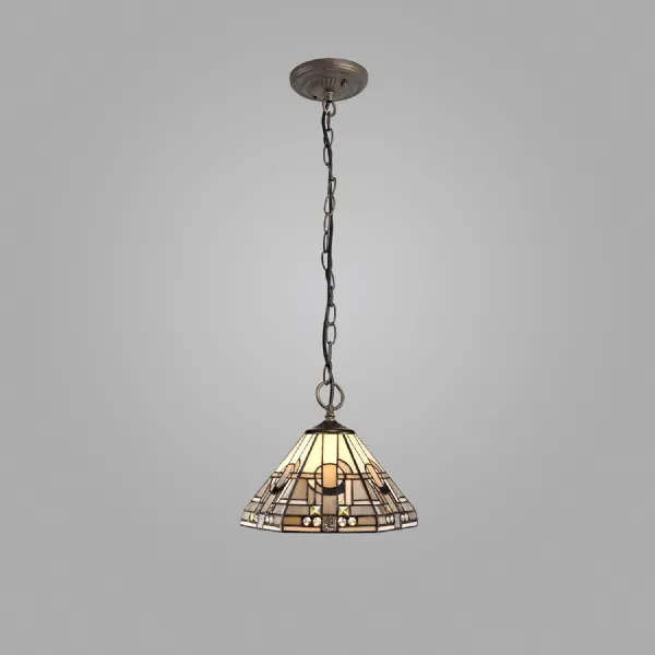 Knebworth 3 Light Downlighter Pendant E27 With 30cm Tiffany Shade, White Grey Black Clear Crystal Aged Antique Brass