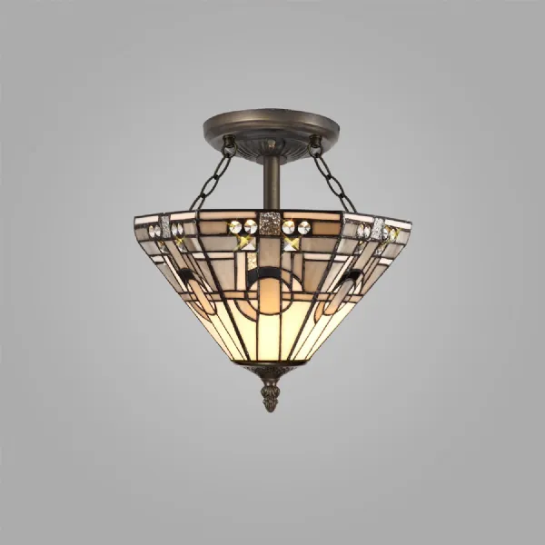 Knebworth 2 Light E27 Semi Flush With Tiffany Shade 30cm Shade, White Grey Black Clear Crystal Aged Antique Brass