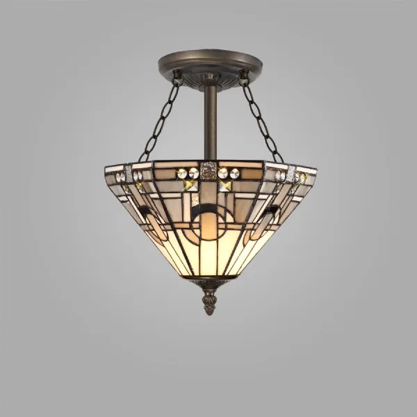Knebworth 3 Light E27 Semi Flush With Tiffany Shade 30cm Shade, White Grey Black Clear Crystal Aged Antique Brass