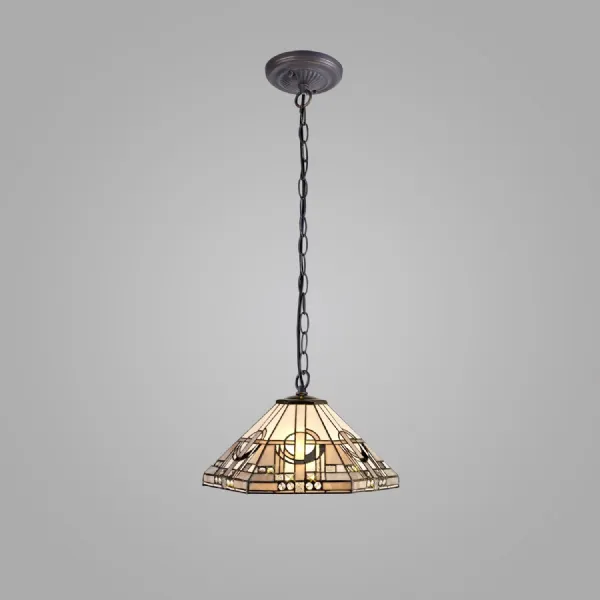 Knebworth 1 Light Downlighter Pendant E27 With 40cm Tiffany Shade, White Grey Black Clear Crystal Aged Antique Brass