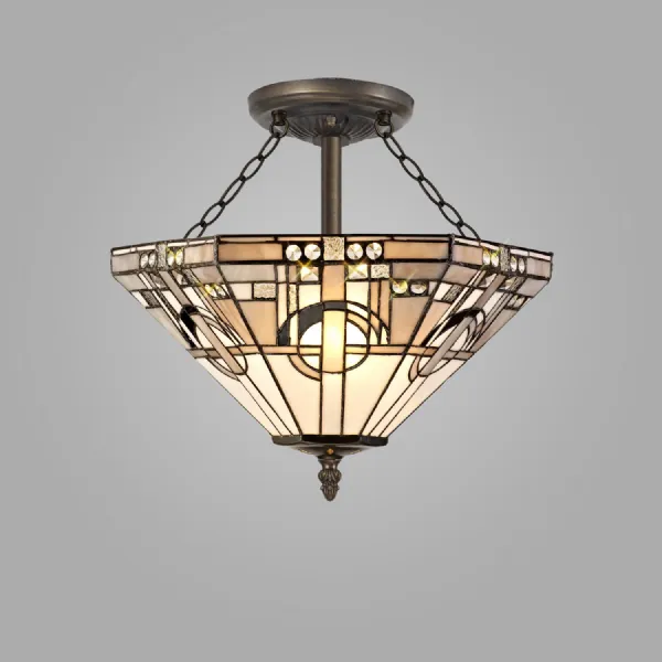 Knebworth 3 Light E27 Semi Flush With Tiffany Shade 40cm Shade, White Grey Black Clear Crystal Aged Antique Brass