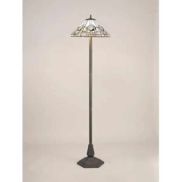 Knebworth 2 Light Octagonal Floor Lamp E27 With 40cm Tiffany Shade, White Grey Black Clear Crystal Aged Antique Brass