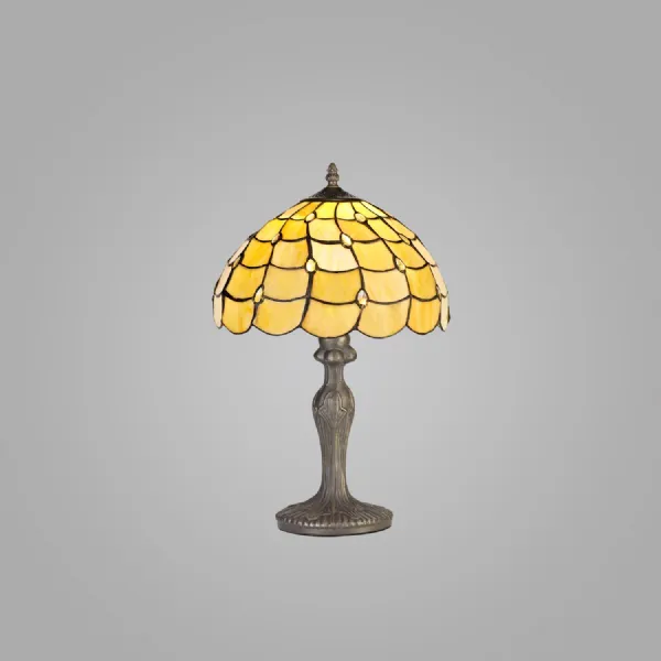 Stratford 1 Light Curved Table Lamp E27 With 30cm Tiffany Shade, Beige Clear Crystal Aged Antique Brass