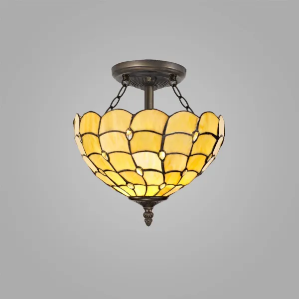 Stratford 2 Light Semi Flush E27 With 30cm Tiffany Shade, Beige Clear Crystal Aged Antique Brass