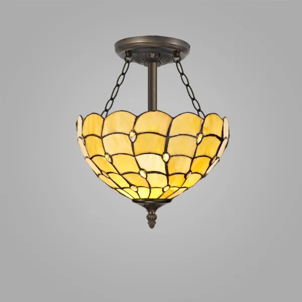 Stratford 3 Light Semi Flush E27 With 30cm Tiffany Shade, Beige Clear Crystal Aged Antique Brass