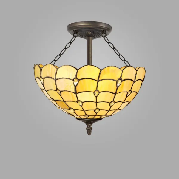 Stratford 3 Light Semi Flush E27 With 40cm Tiffany Shade, Beige Clear Crystal Aged Antique Brass