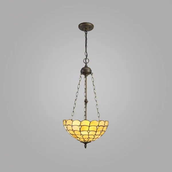 Stratford 3 Light Uplighter Pendant E27 With 40cm Tiffany Shade, Beige Clear Crystal Aged Antique Brass